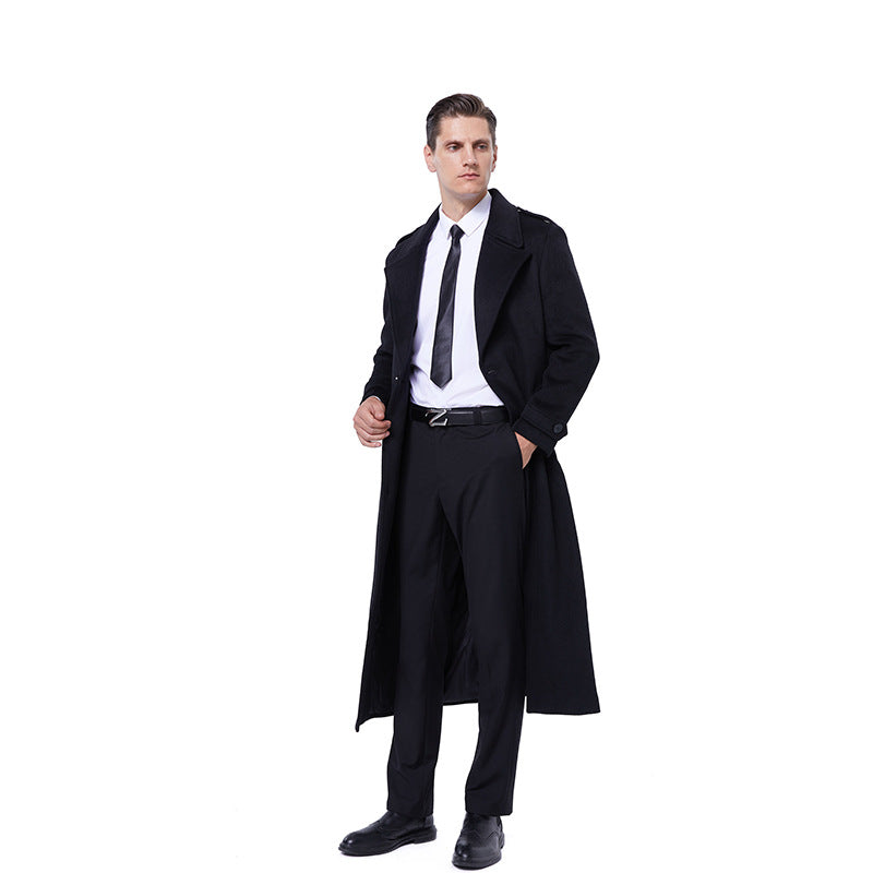 Men's Floor-Length Wool Blend Overcoat with Narrow Shawl Collar and Textured Weave Optics Chichicherry
