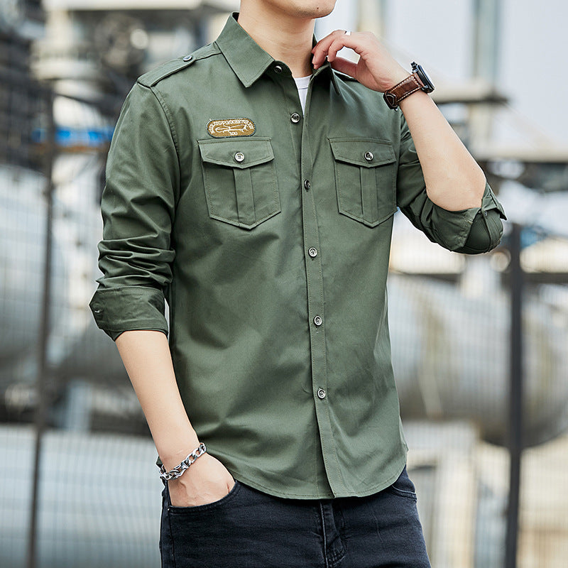 Men's Cotton Field Shirt in Military Style with Shoulder Epaulettes and Chest Flap Pockets Chichicherry