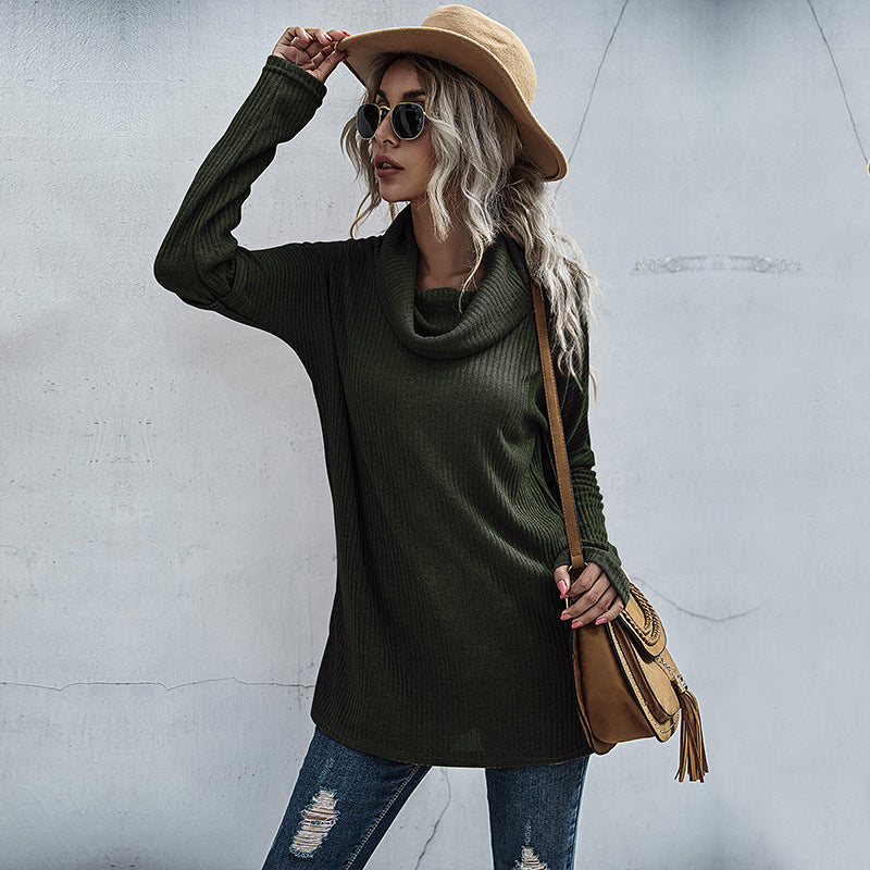 Women's Oversized Fine Knit Tunic with Wide Roll Neck and Ribbed Structural Knit