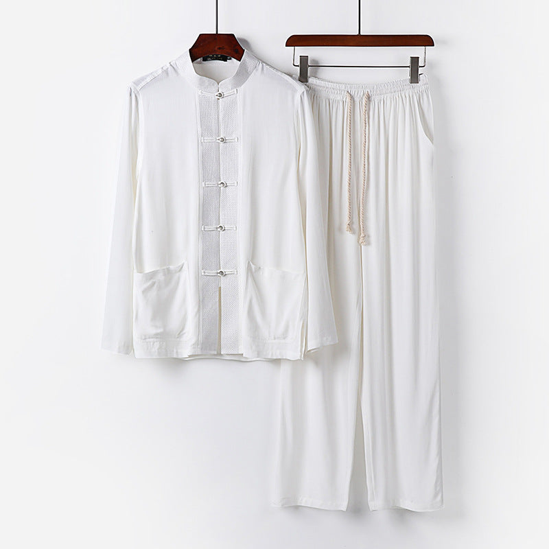 Men's Traditional Cotton Loungewear Set with Stand Collar, Knot Buttons and Drawstring Pants Chichicherry