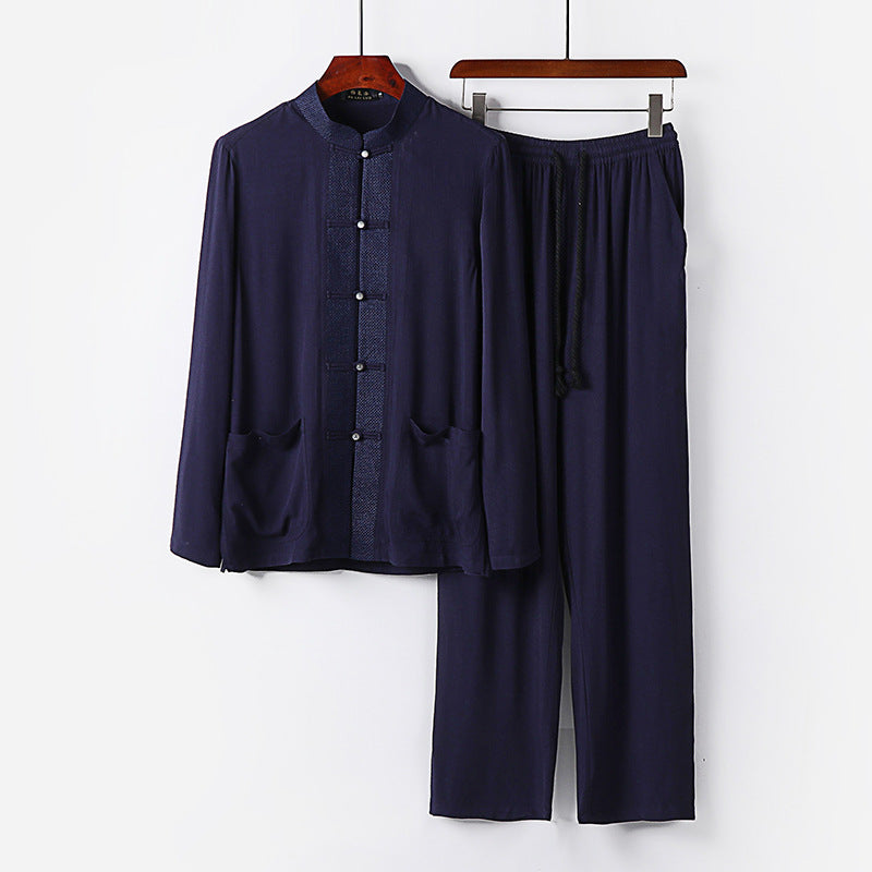Men's Traditional Cotton Loungewear Set with Stand Collar, Knot Buttons and Drawstring Pants Chichicherry