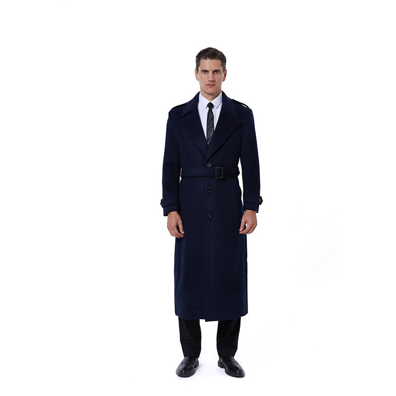 Men's Floor-Length Wool Blend Overcoat with Narrow Shawl Collar and Textured Weave Optics Chichicherry