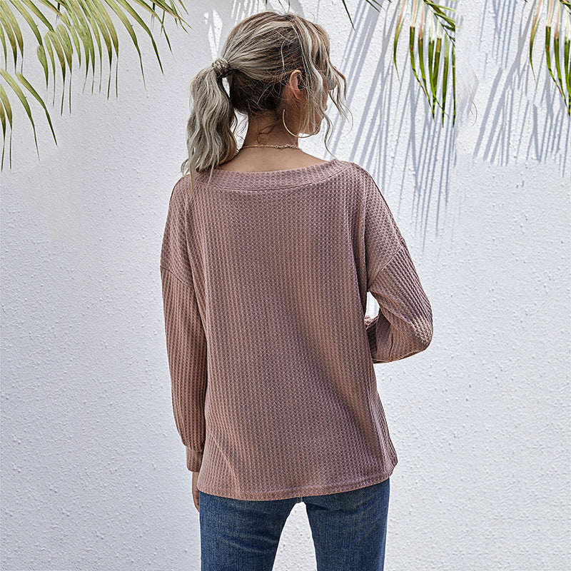 Women Loose Waffle Knit Long Sleeve with V-Neck and Ribbed Cuffs Chichicherry