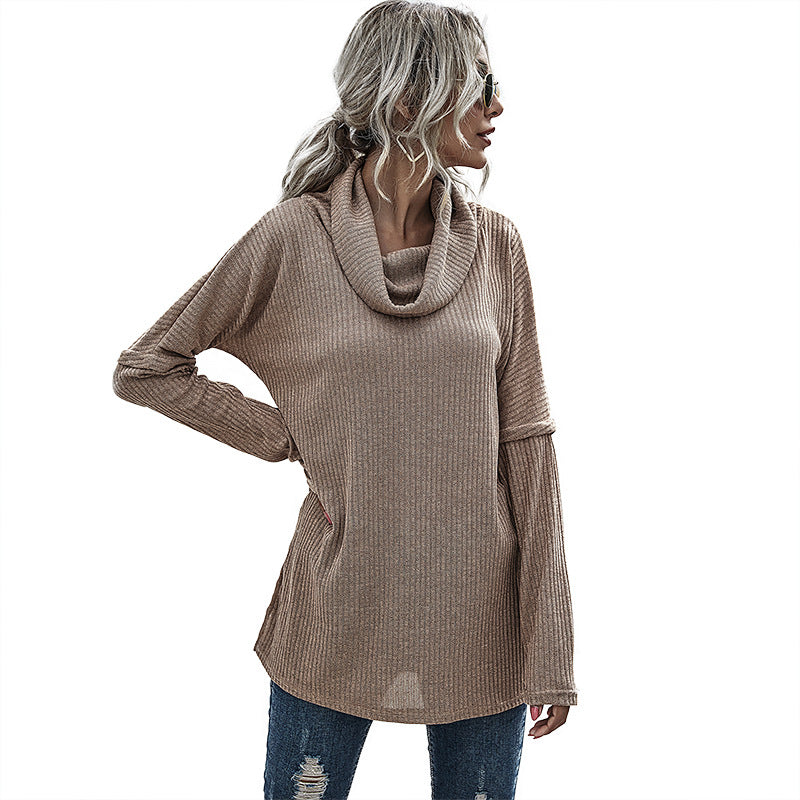 Women's Oversized Fine Knit Tunic with Wide Roll Neck and Ribbed Structural Knit