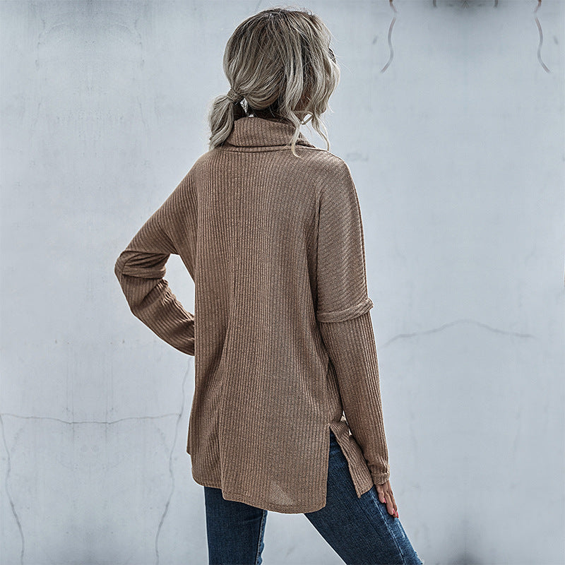 Women's Oversized Fine Knit Tunic with Wide Roll Neck and Ribbed Structural Knit
