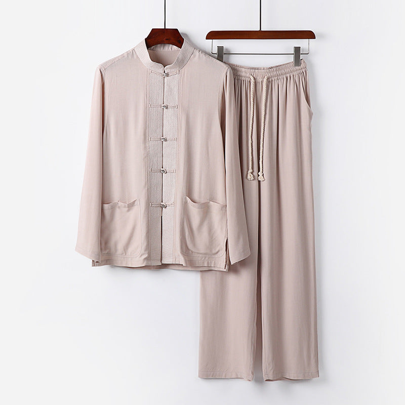 Men's Traditional Cotton Loungewear Set with Stand Collar, Knot Buttons and Drawstring Pants Chichicherry