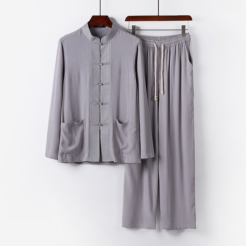 Men's Traditional Cotton Loungewear Set with Stand Collar, Knot Buttons and Drawstring Pants Chichicherry