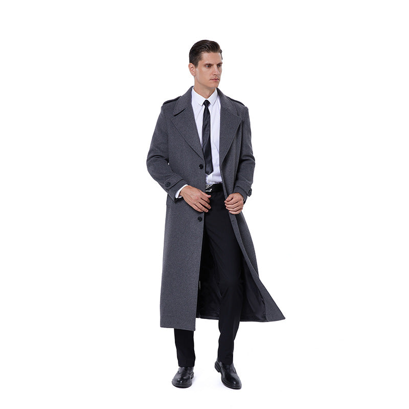 Men's Floor-Length Wool Blend Overcoat with Narrow Shawl Collar and Textured Weave Optics Chichicherry