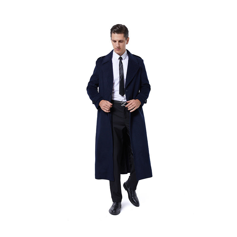 Men's Single-Breasted Maxi-Length Wool Coat with Belt and Epaulettes Chichicherry