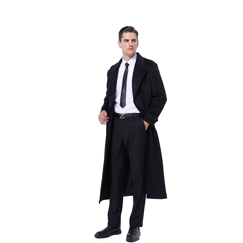Men's Single-Breasted Maxi-Length Wool Coat with Belt and Epaulettes Chichicherry