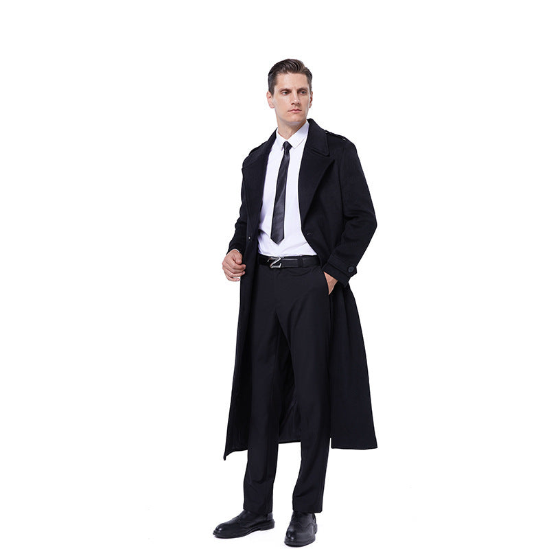 Men's maxi length coat made of wool blend with tie belt, epaulettes and classic lapels Chichicherry