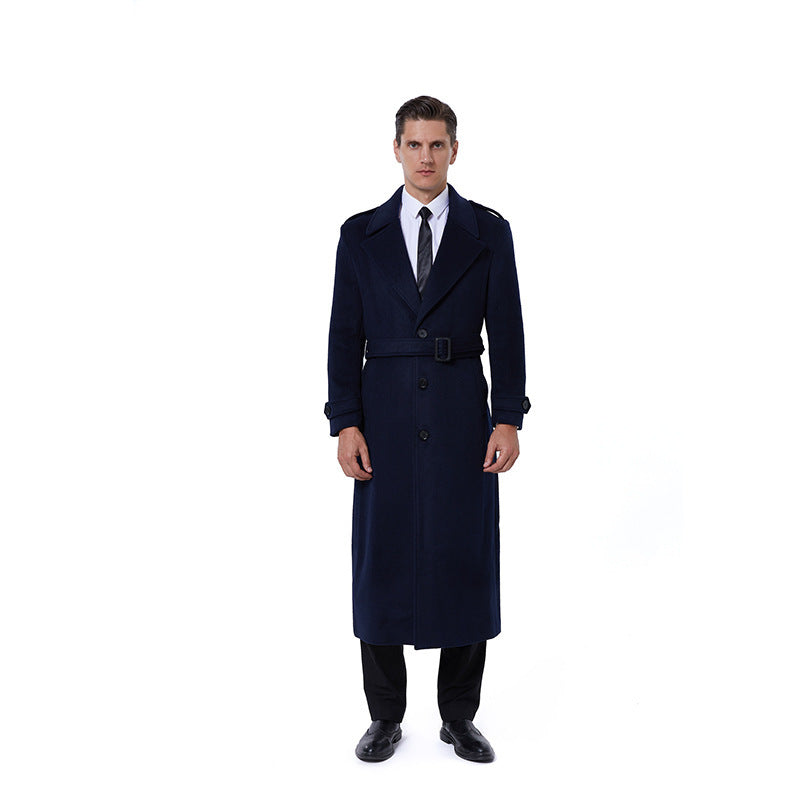 Men's maxi length coat made of wool blend with tie belt, epaulettes and classic lapels Chichicherry