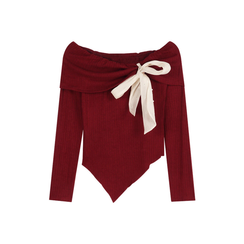 Off-the-shoulder knit sweater with bow, long sleeve