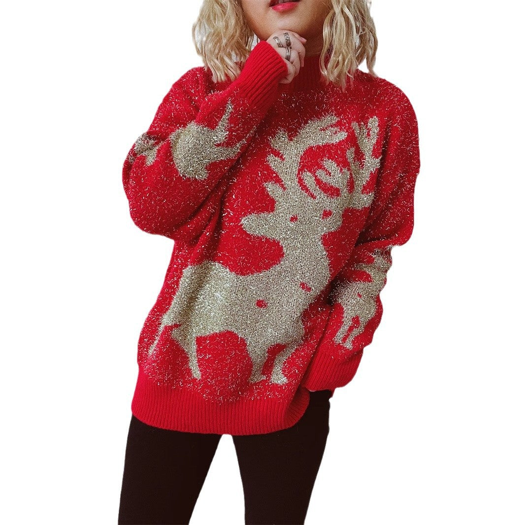 Women's Christmas sweater with snowflake and reindeer jacquard