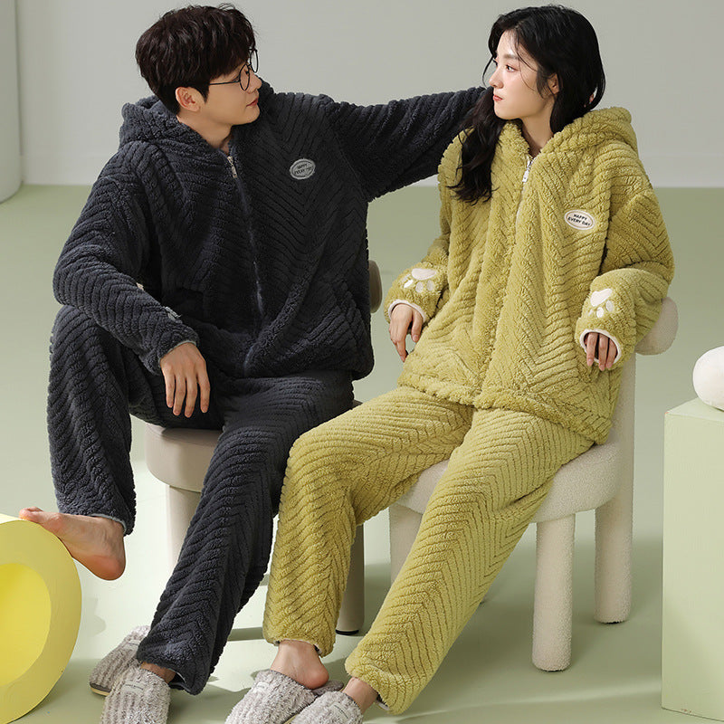 Padded coral fleece loungewear set with hood for couples