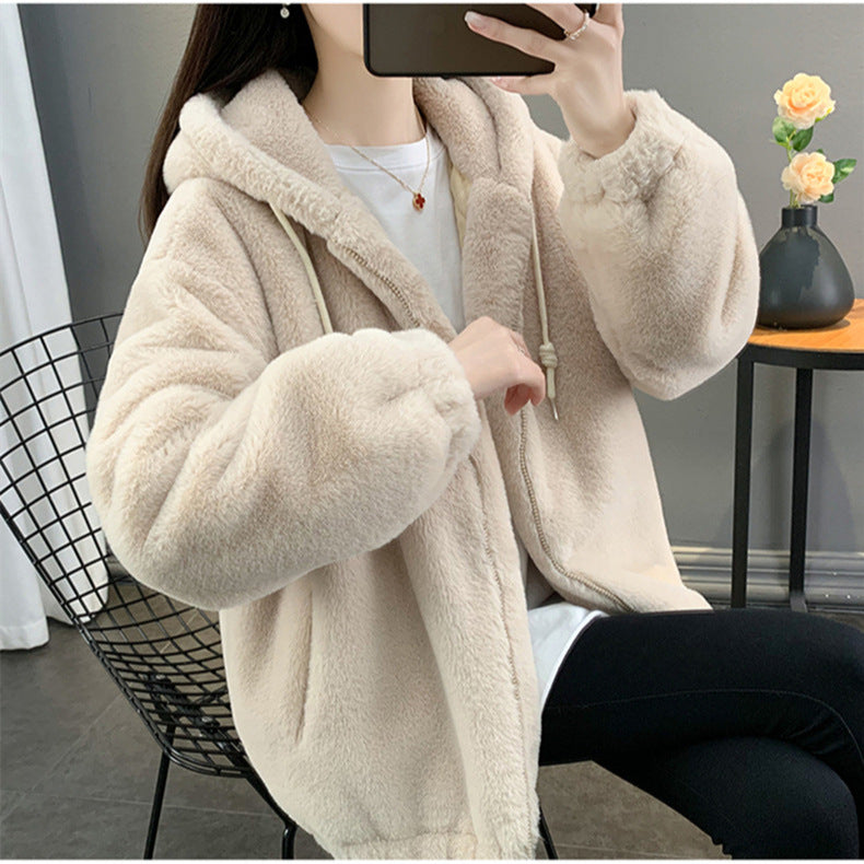 Padded hoodie coat made of lamb fleece
