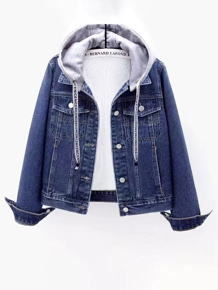 Fleece-lined women's denim jacket with removable hood