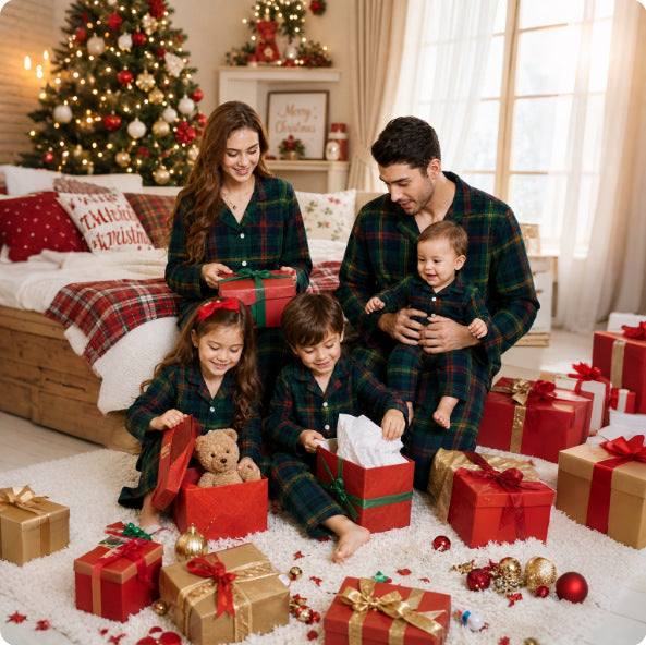 Family Pajama Set, checked, with lapel collar