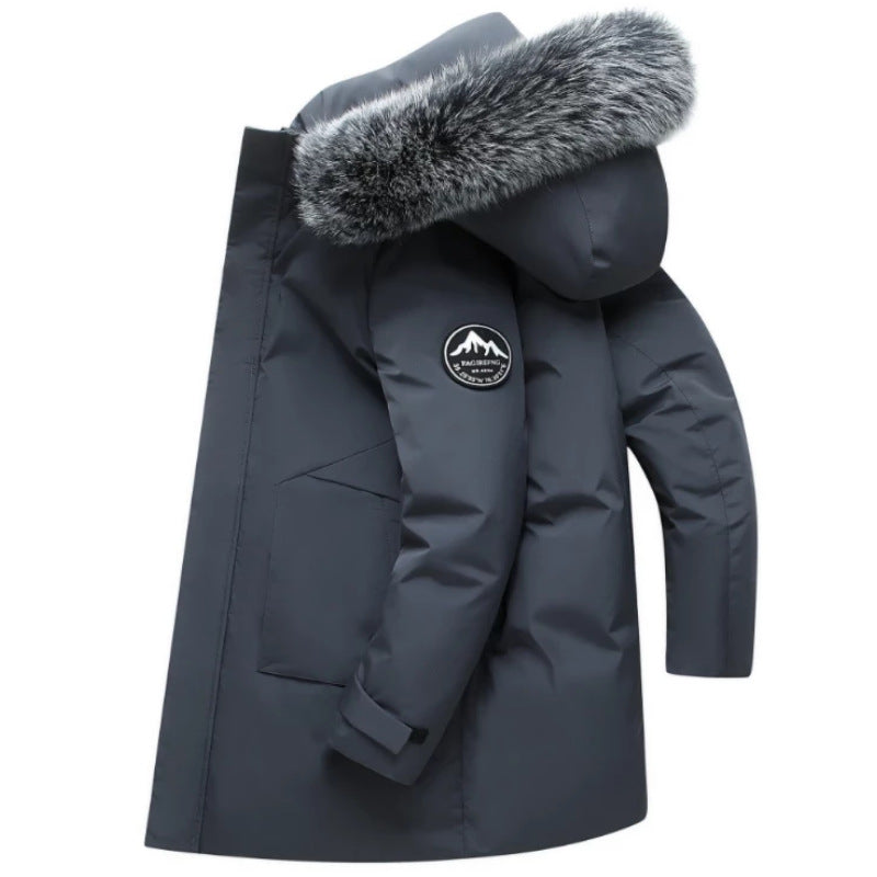 Mid-length men's down jacket with hood and fur collar