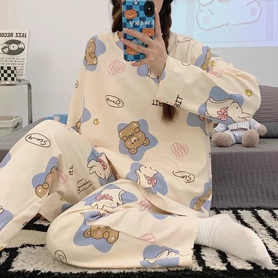 Women's pajama set, long-sleeved with long pants, cartoon design