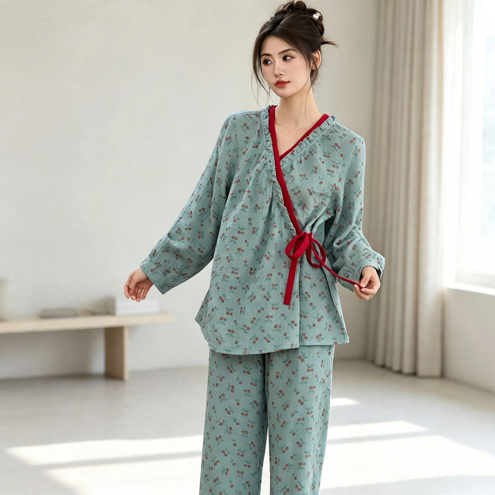 Women's Pajama Set in Kimono Style with Floral Pattern