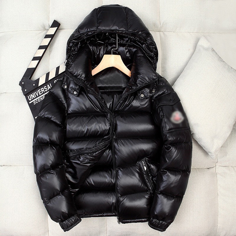 Short men's down jacket, hood, white duck down