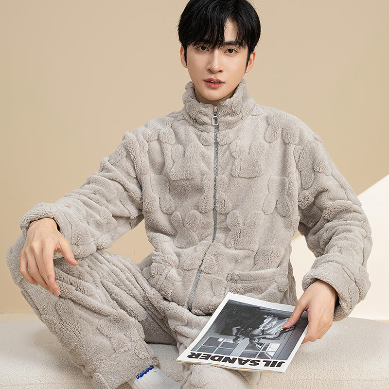 Men's Pajama Set made of coral fleece, warm and with zipper