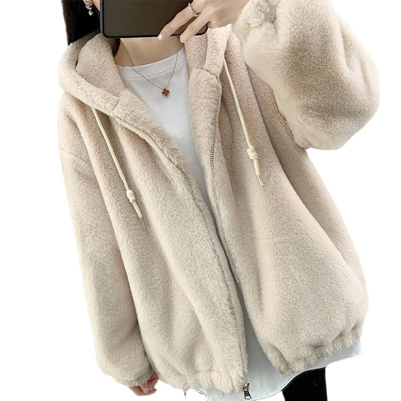 Women's lamb fleece coat with hood, mid-length