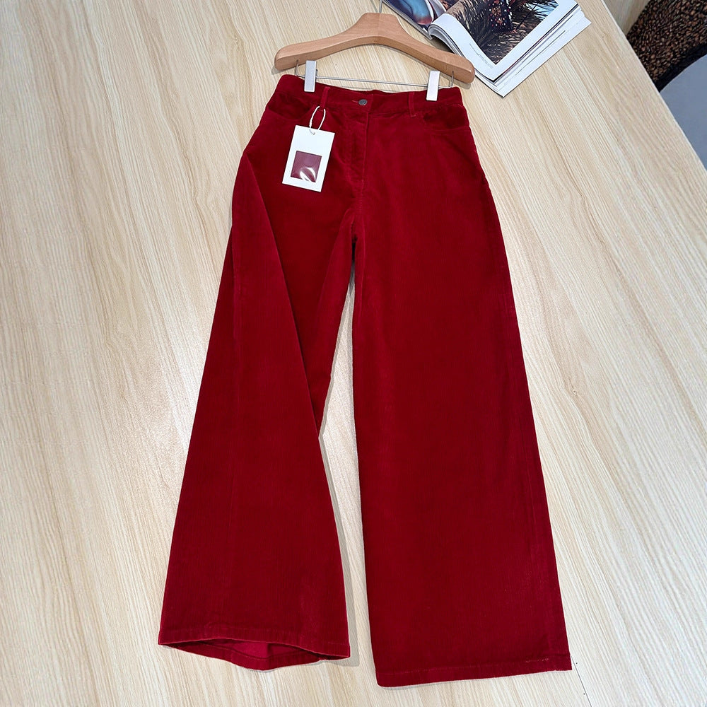 Red cord wide-leg pants for women, straight cut