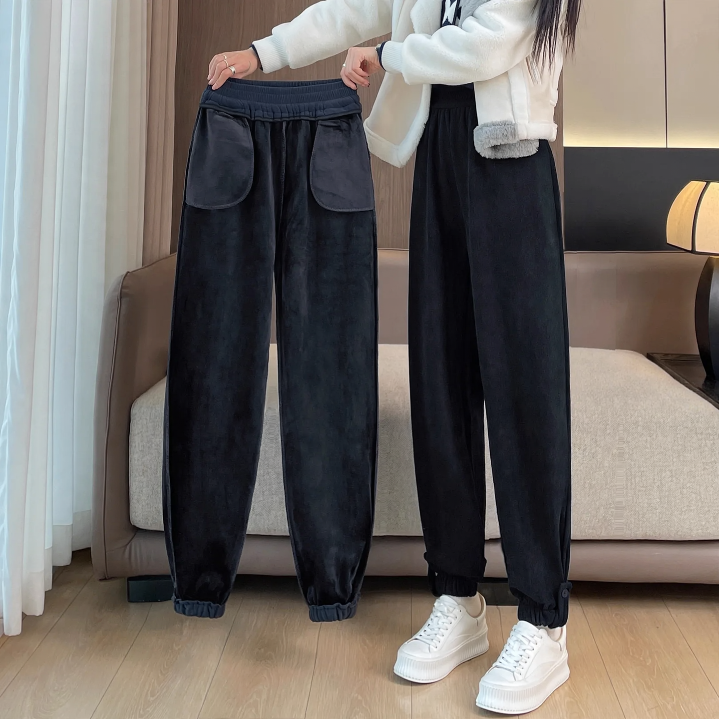 Women's Casual Pants made of Chenille with Cuffs