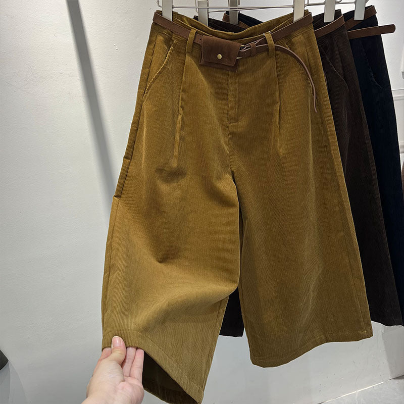 Women's corduroy pants, knee-length, with belt pocket