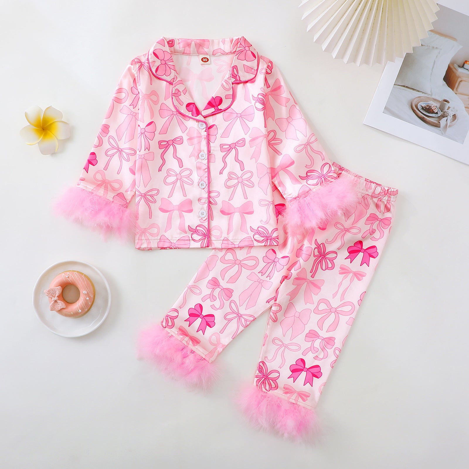 Girl's Pajama Set with Bow and Christmas Print
