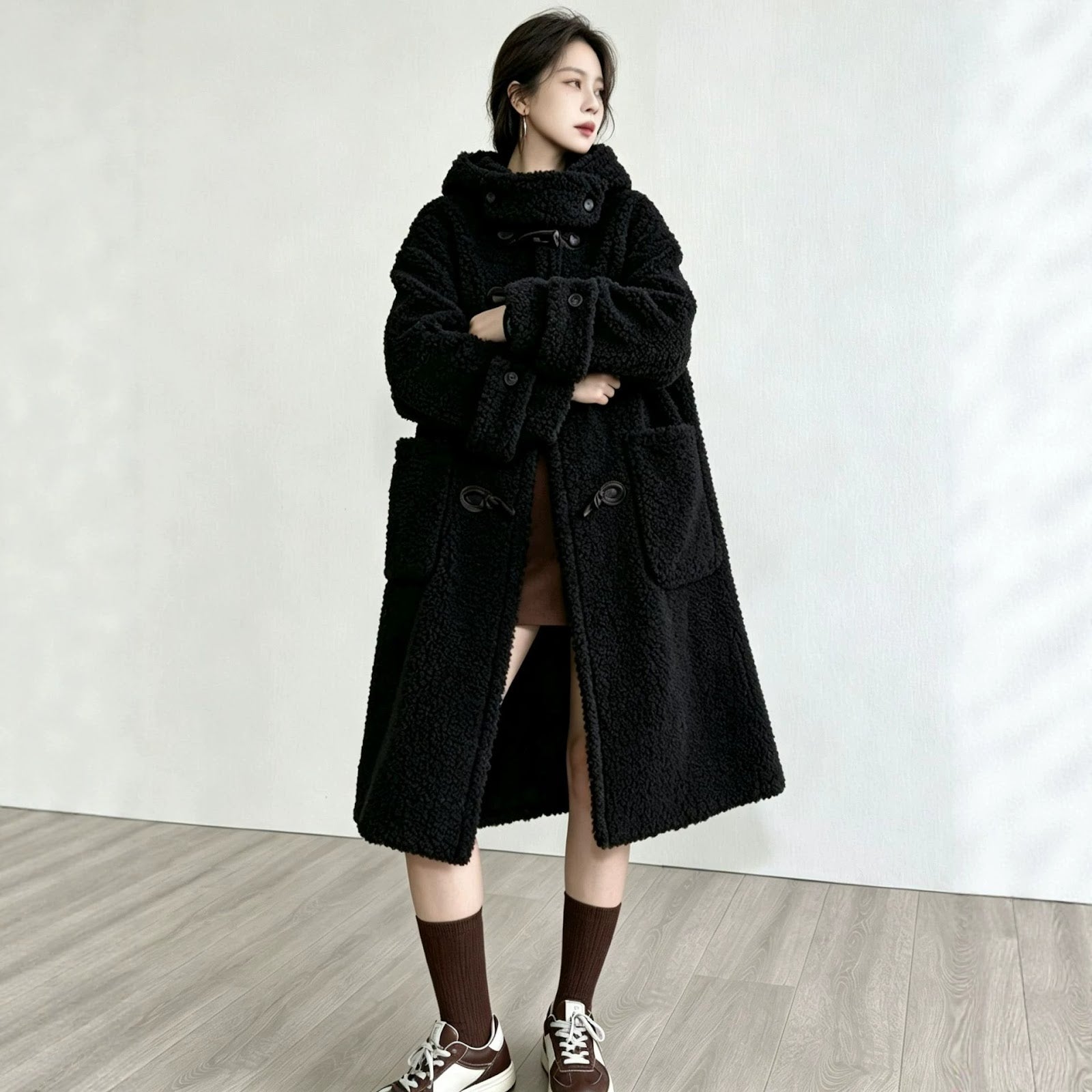 Long lamb fleece imitation coat with hood