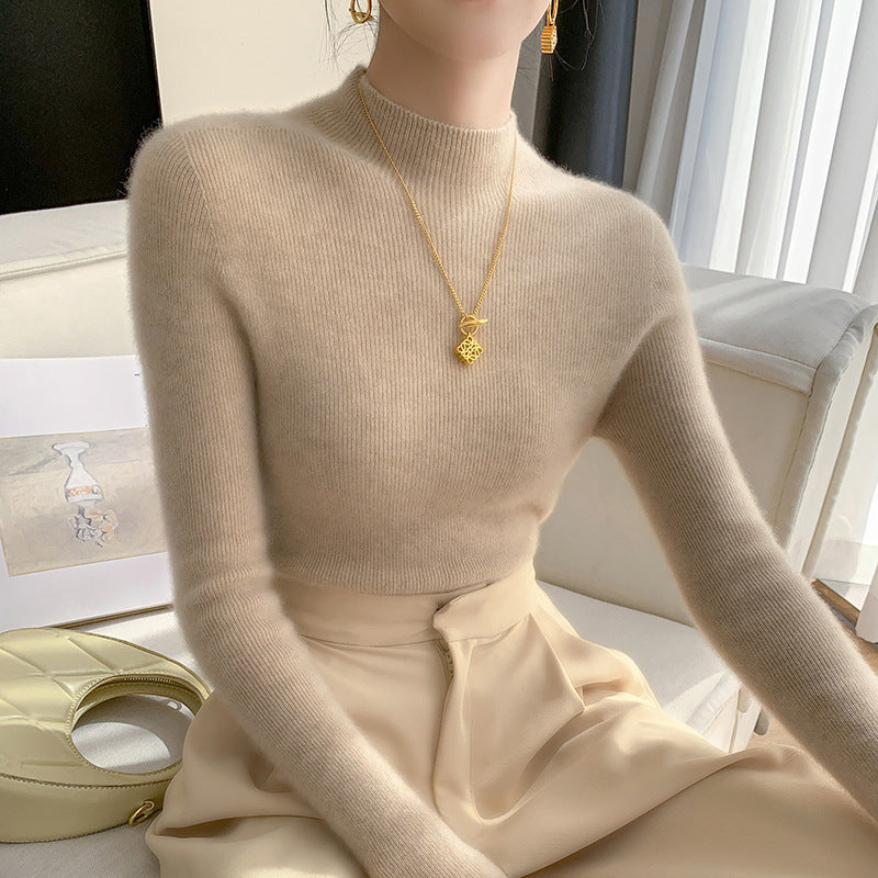 Women's cashmere sweater, stand-up collar, slim fit