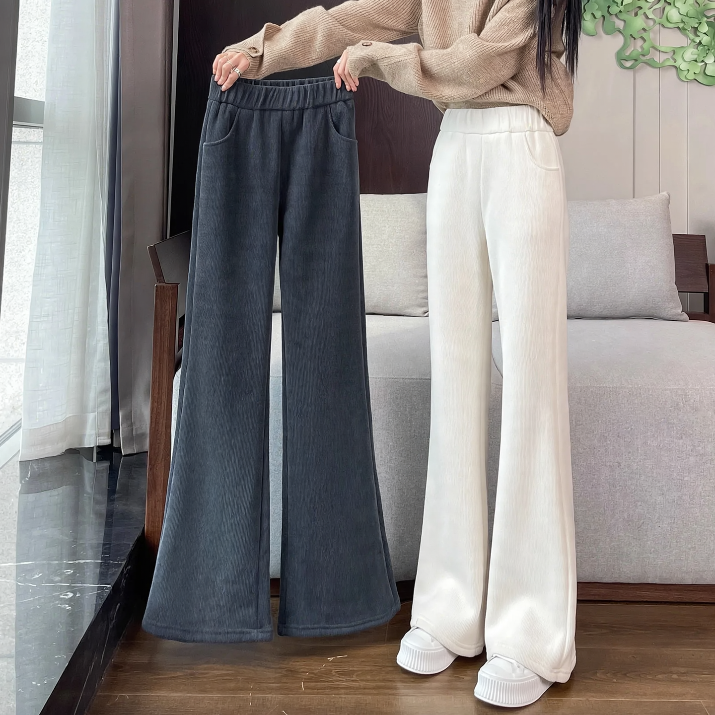 Padded corduroy flared trousers with lamb fleece imitation
