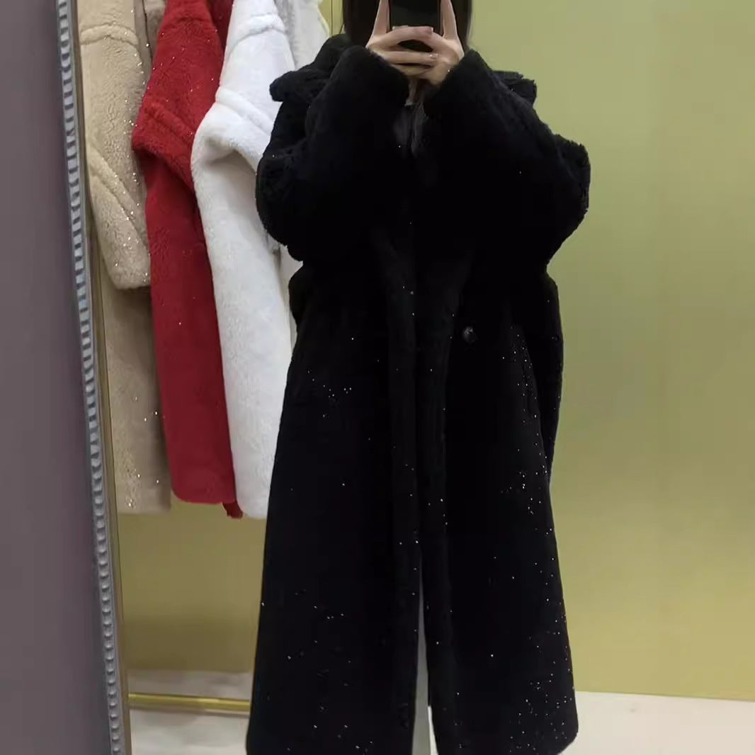 Teddy Coat with Gloss Effect, Mid-Length, Women's
