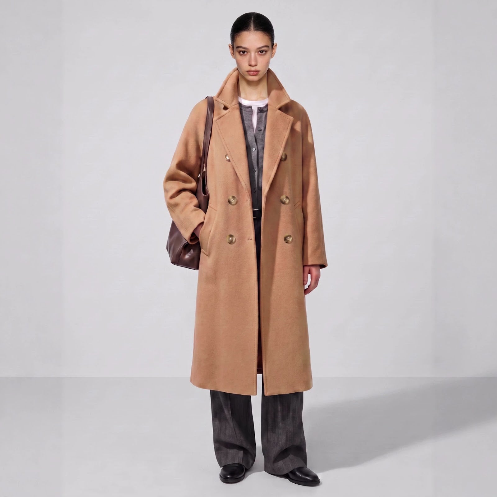 Classic women's wool coat, double-breasted, loose fit