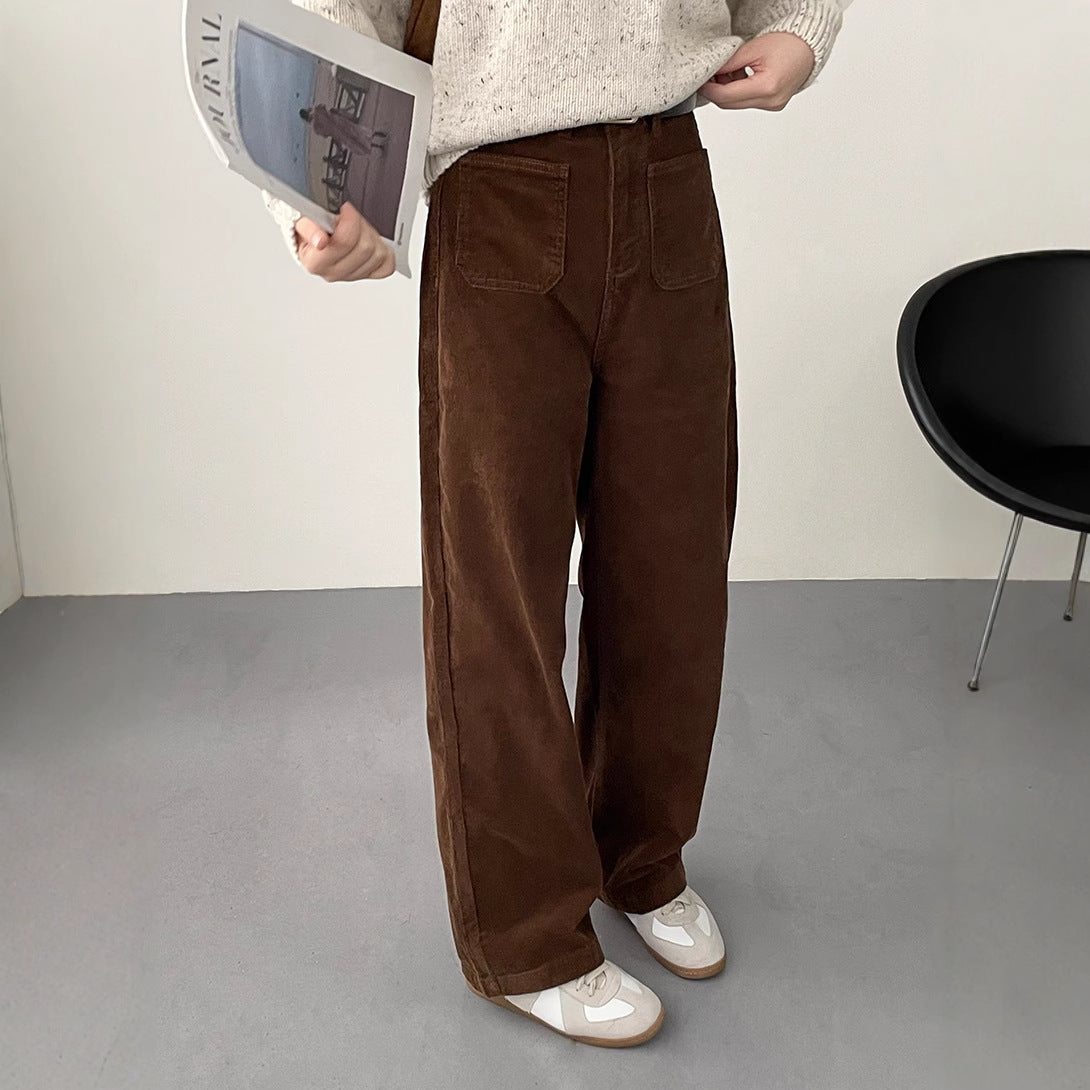Kord-wide trousers for women with pockets, high-waisted
