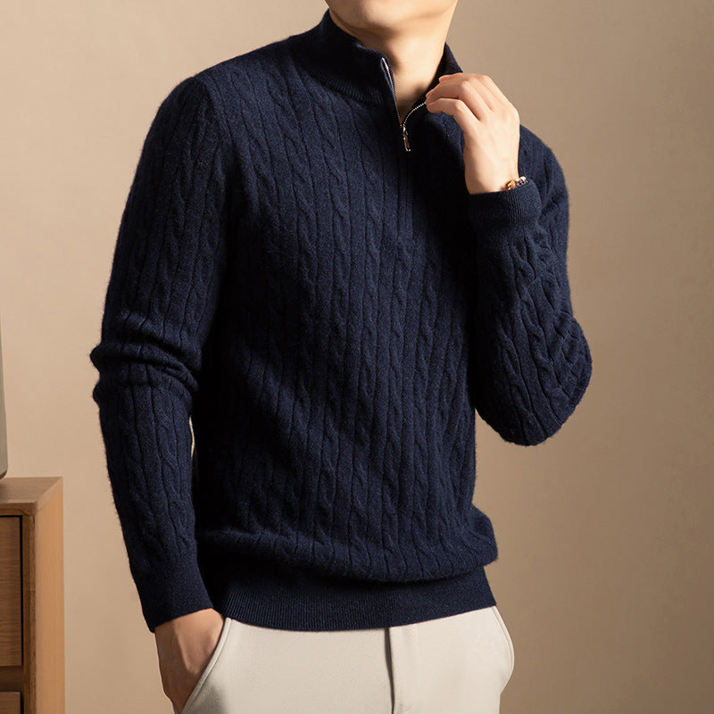 Men's cashmere pullover with zipper, thick