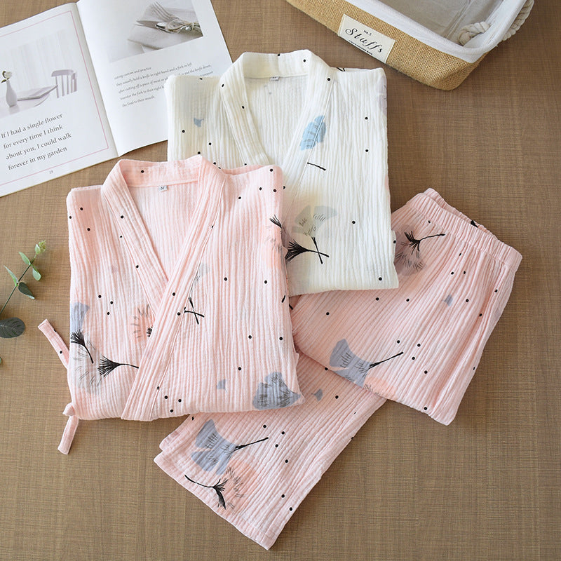 Women's Kimono Loungewear Set made of Cotton Muslin with Ginkgo Pattern