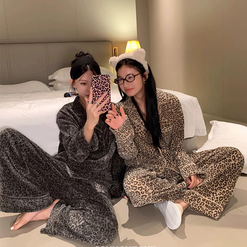 Women’s Pajama Set, Leopard Print, with Collar, warm
