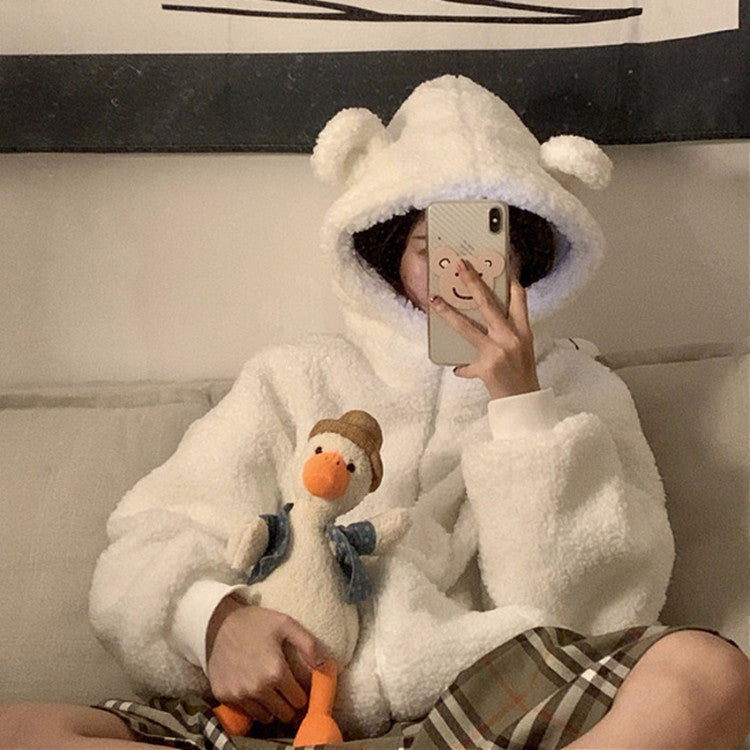 Fluffy women's jacket with hood and ear appliqué