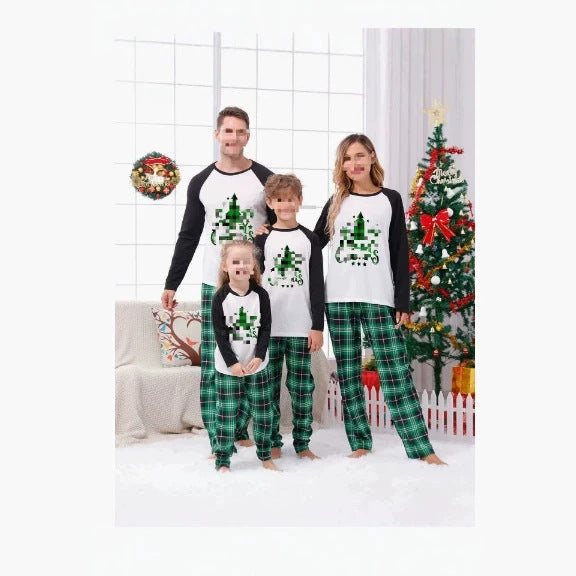 Christmas Family Pajama Set with Checkered Pattern, Long Sleeves