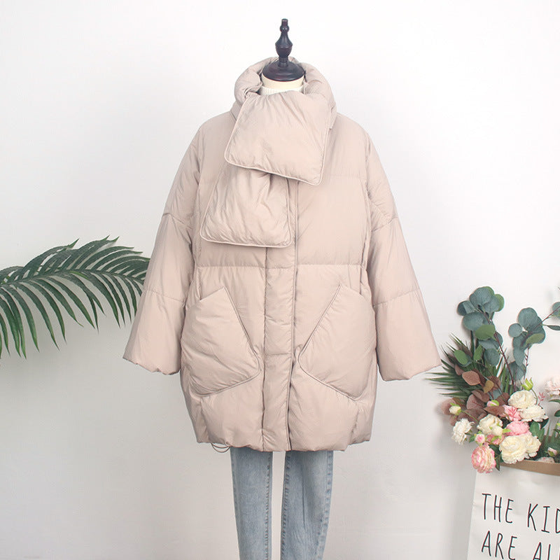 Women's down coat with scarf, medium length, loose fit