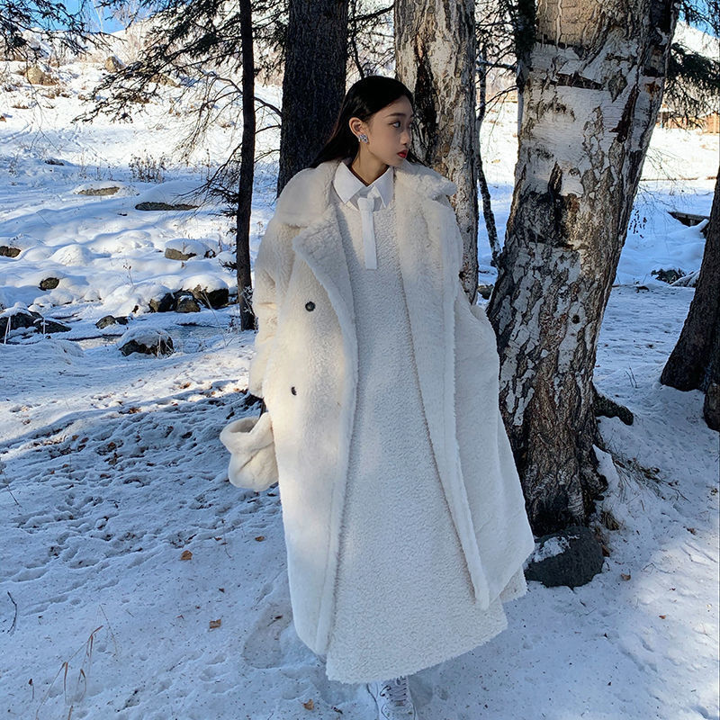 Longer, padded lamb fleece imitation coat