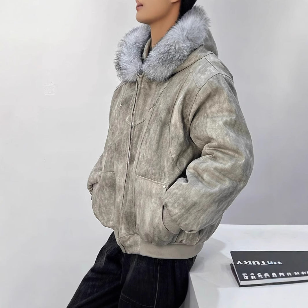 Padded men's winter jacket with hood and faux fur collar