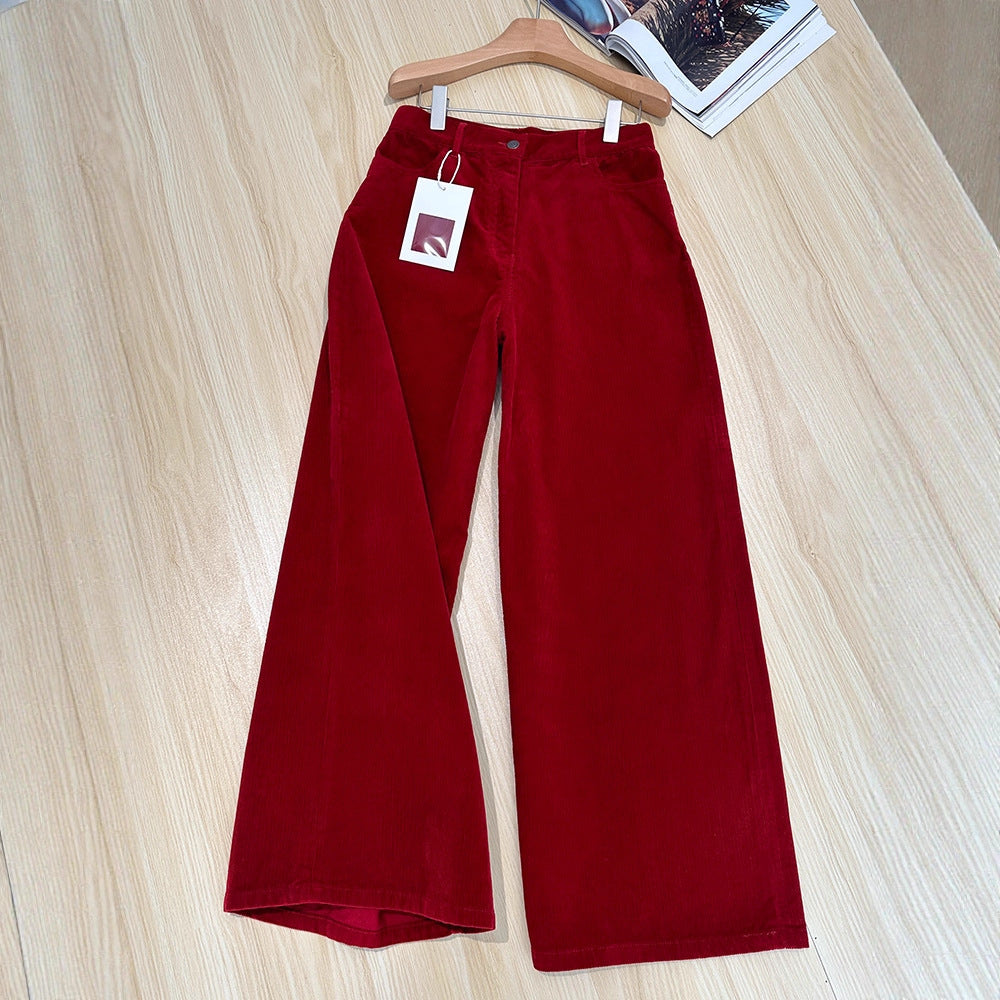 Red cord wide-leg pants for women, straight cut