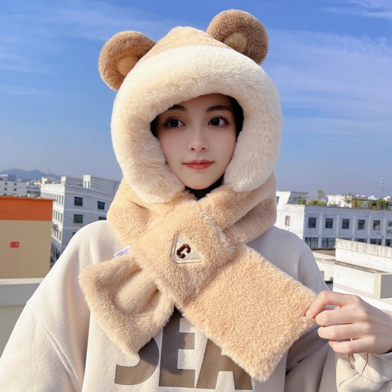 Plush set: Bear hooded hat and scarf