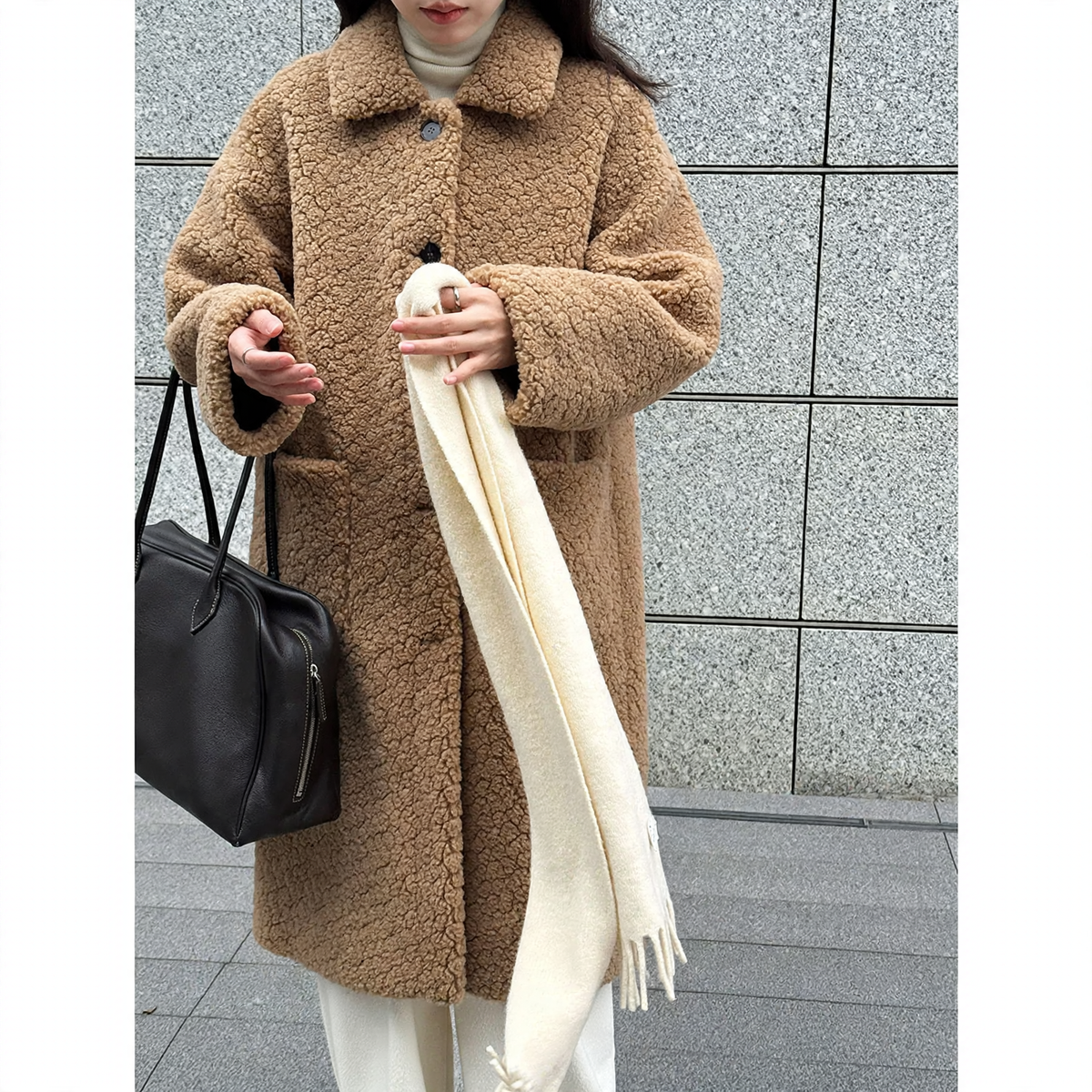 Long Women's Sheepskin Coat, Korean Style