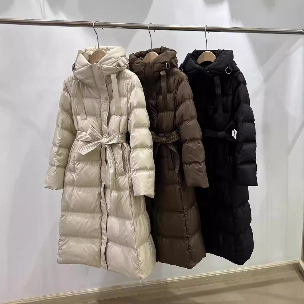 Long down coat with hood, fitted, knee-length